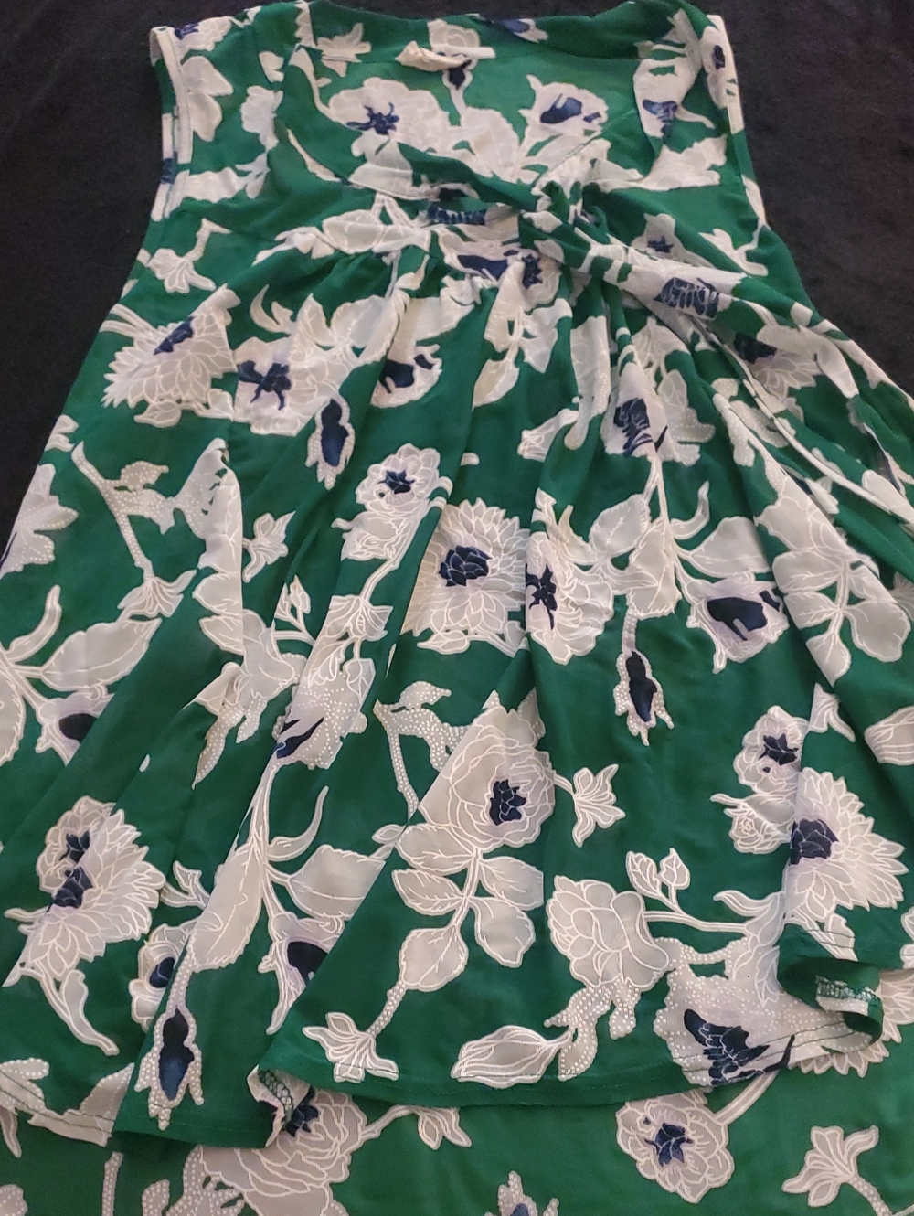 Green Floral Sleeveless Dress with White and Navy Blooms